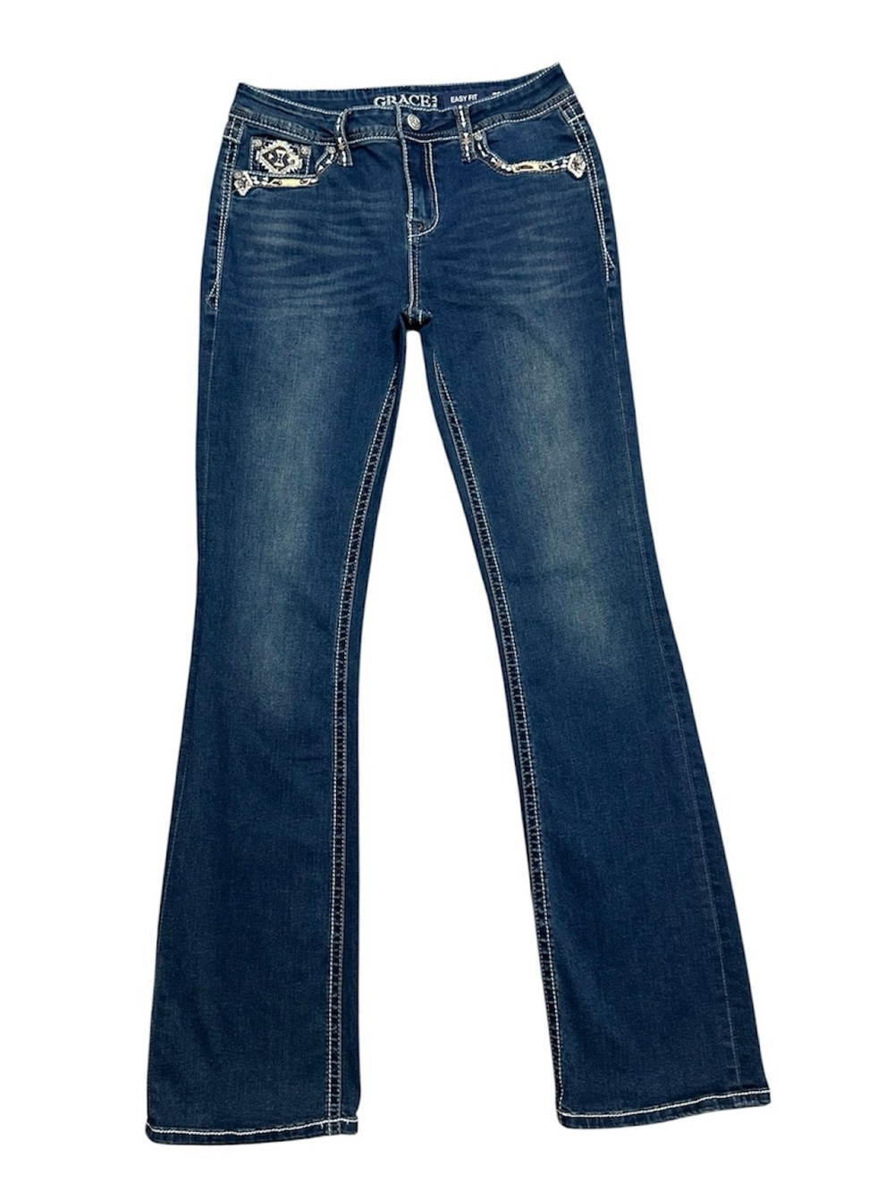 Grace in LA Aztec Embellished Mid Rise Bootcut Jeans size 28 long